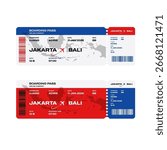 Boarding pass ticket design for flight from Jakarta to Bali with modern travel layout