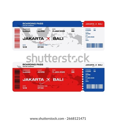 Boarding pass ticket design for flight from Jakarta to Bali with modern travel layout