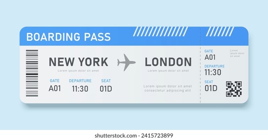 Boarding pass ticket element isolated on light blue background.