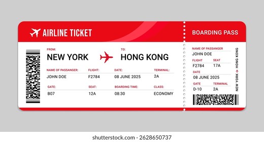 Boarding pass ticket from New York to Hong Kong flight illustration. Airplane ticket template. Vector illustration of Airline flight pass concept. Air plane Boarding pass, vector