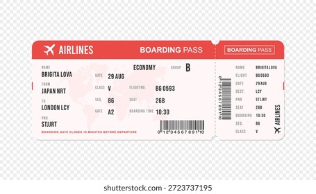 Modelo de objeto do bilhete de embarque. ilustração do passe de voo da companhia aérea