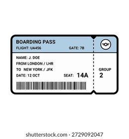 Boarding pass ticket with passenger information and barcode illustration