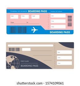 Boarding Pass, Ticket For Plane Traveling Isolated Icons Vector. Tourism, Travel Destination, Flight And Passenger Information Blank. Airline And Travel Agency, Barcode Scan, Airplane Board Access