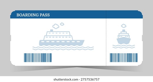 Boarding pass ticket template with barcode and cruise ship icon. Sea travel boarding pass design for summer vacation and marine tourism. Vector illustration