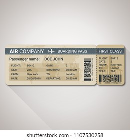 Boarding pass ticket template for a plane with passenger name and destination route. Vector illustration
