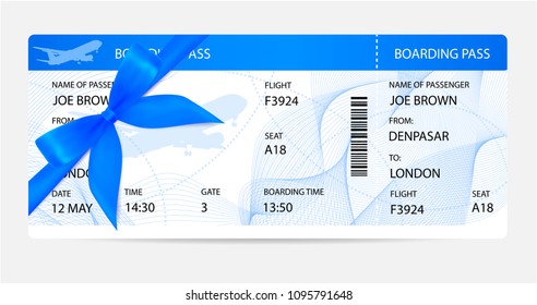 Boarding pass (ticket, traveler check template) with gift bow, aircraft (airplane or plane) silhouette on background. Travel by Aerial Transport. Enjoy your vacation. Isolated vector on white