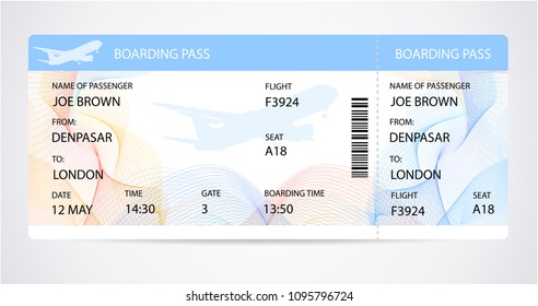 Boarding pass (ticket, traveler check template) with aircraft (airplane or plane) silhouette on background. Travel by Aerial Transport. Enjoy your vacation. Isolated vector on white