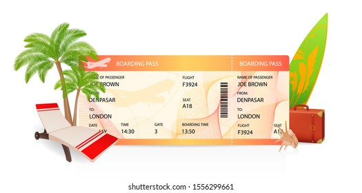 Boarding pass (ticket, traveler check template) creative concept. Travel vector background with airplane ticket, palm tree, luggage, surfboard shell. Summer vacation on aircraft (plane)