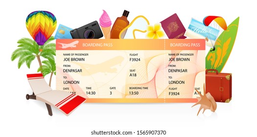 Boarding pass (ticket, traveler check template) creative concept. Travel vector background with airplane ticket, palm tree, luggage, surfboard shell. Summer vacation on aircraft (plane)