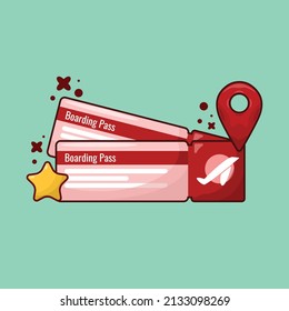Vector de boletos para tarjetas de embarque en estilo de caricatura con Ilustración de icono de mapa de pinzas. Concepto de diseño de elementos de viaje