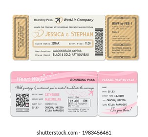 Bordkarte, Hochzeitseinladung zur Ehe, Vektor. Hochzeitsgeschenk, romantisches Reiseflugticket oder Bordkarte zum Flitterwochenparadies, RSVP-Einladungskarte