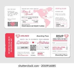 Bordkarte, Hochzeitseinladung zur Ehe RSVP, Vektor. Hochzeitsfeier Geschenk von romantischem Reiseflugticket oder Bordkarte zum Flitterwochenparadies