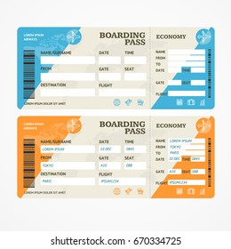 Boarding Pass Tickets Airplane Set Tourism Document Template and Card with Text for Web. Vector illustration