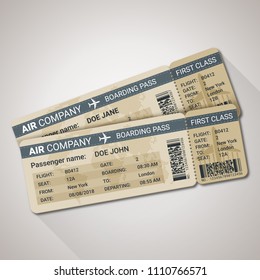 Boarding pass tickets template for a plane with passenger name and destination route. Vector illustration