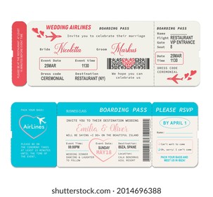 Bordkarten, Hochzeitseinladung, Vektorvorlage. Coupon oder Reisepass für Hochzeitsflugzeuge, Hochzeitsfeier oder Hochzeitsreise laden Design mit Herzen ein