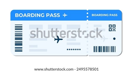 Boarding pass vector illustration. Air plane ticket template. Airline flight pass concept. Blue departure document. Blue airplane ticket design. Blank boarding pass template isolated.