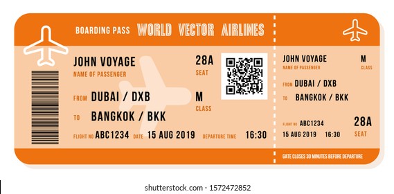 Boarding pass vector illustration. Airline ticket design with QR code.