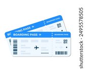 Boarding pass vector illustration. Two air plane tickets template. Airline flight pass concept. Blue departure document. Blue airplane tickets design. Blank boarding pass template isolated.