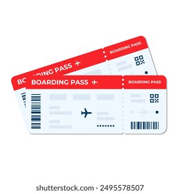 Boarding pass vector illustration. Two air plane tickets template. Airline flight pass concept. Blue departure document. Red airplane tickets design. Blank boarding pass template isolated.