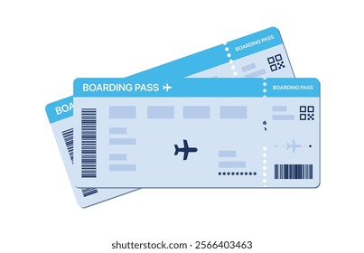 Boarding pass vector illustration. Two air plane tickets template. Airline flight pass concept. Blue departure document. Blue airplane tickets design. Blank boarding pass template isolated.