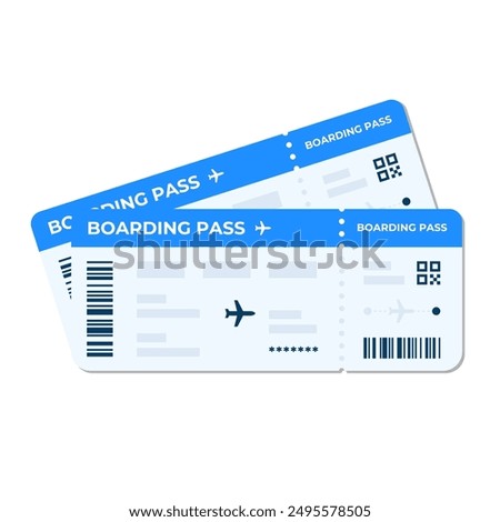 Boarding pass vector illustration. Two air plane tickets template. Airline flight pass concept. Blue departure document. Blue airplane tickets design. Blank boarding pass template isolated.