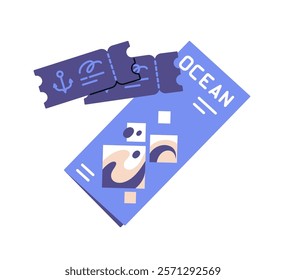 Boarding passes on ship. Booking tickets to summer voyage. Paper coupons and brochure about ocean travel, journey, cruise on liner. Sea tourism. Flat isolated vector illustration on white background