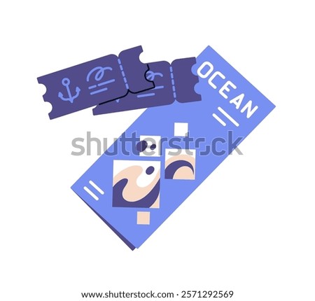 Boarding passes on ship. Booking tickets to summer voyage. Paper coupons and brochure about ocean travel, journey, cruise on liner. Sea tourism. Flat isolated vector illustration on white background
