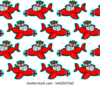 boarding a plane red funny animals otter pet cute seamless pattern, beaver pilot waving hand kids