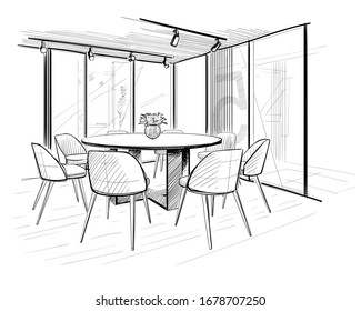 Boarding room. Interior hand drawn sketch.