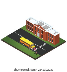 Boarding the school bus at the school bus stop isometric 3d vector illustration concept for banner, website, illustration, landing page, flyer, etc.