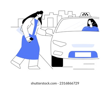 Embarque de una ilustración de vector de concepto abstracto de taxi. Mujer monta un vehículo con conductor, transporte comercial de la ciudad, empresa de red de transporte, metáfora abstracta de servicio de transporte.