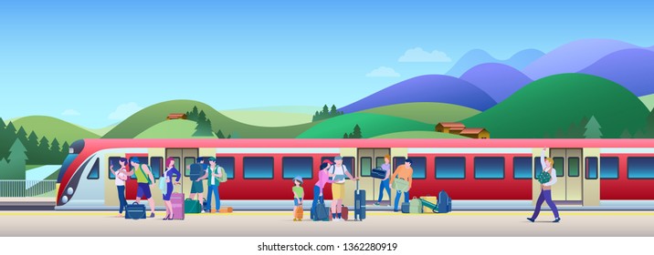 Boarding Train at the Railway Station with hills on background Vector Illustration. People get on train from platform. Boarding Train at the Railway Station with hills on background Vector Illustration. People get on train from platform.