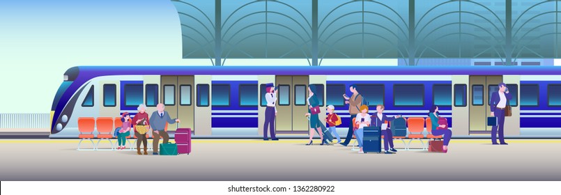 Boarding Train at the Railway Station - Vector Illustration Background. People get on train from platform. 
