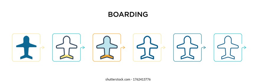 Icono vectorial de abordaje en 6 estilos modernos diferentes. Negro, dos iconos de abordaje de colores diseñados en el estilo relleno, contorno, línea y trazo. La ilustración vectorial se puede usar para web, móvil, ui