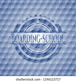 Boarding-school blue emblem or badge with abstract geometric pattern background.