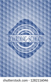 Boarding-school blue emblem with geometric pattern background.