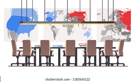 Boardroom With Big Political Maps In Background And Seven Seats At Round Table. Corporate Executive Management Conference Hall Or Meeting Room. Flat Style Vector Illustration Isolated On White