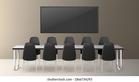 Boardroom for business meetings, conference and training in company office. Vector realistic interior of conference room with metal table, black chairs and big screen for presentation and video