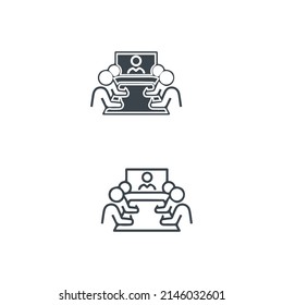 A boardroom full of workers watching a video conference icon stock illustration on white background