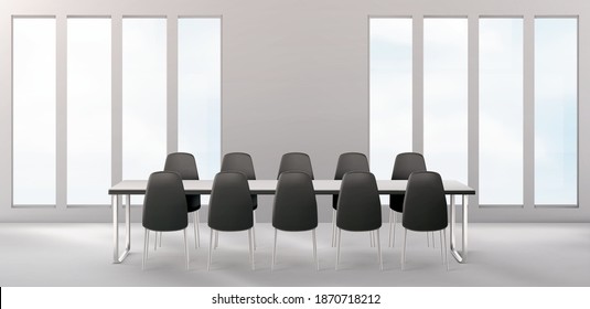 Boardroom with furniture, empty conference room with long desk and chairs around for business meetings, training and presentation, company office interior with windows and table 3d vector illustration