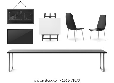 Boardroom furniture and stuff, conference room for business meetings, training and presentation, company office interior table, chairs, screen and board isolated on white background, 3d vector set