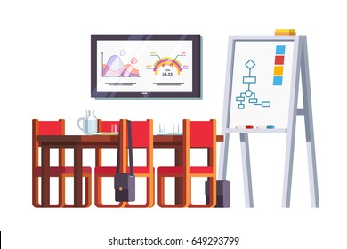 Boardroom interior design with table, chairs, white board and tv screen with graphics. Conference hall or meeting room decoration furniture. Flat style vector illustration isolated on white background