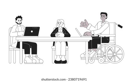 Sala de juntas con ilustración plana multicultural de dibujos animados en blanco y negro. Diversos líderes discuten aislados caracteres 2D lineales. Lluvia de ideas. Imagen vectorial monocromática de escena en el lugar de trabajo inclusiva