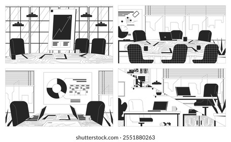 Boardroom table meeting room black and white line illustrations set. Desk presentation chart 2D interiors monochrome backgrounds. Workplace office. Business startup outline vector images collection