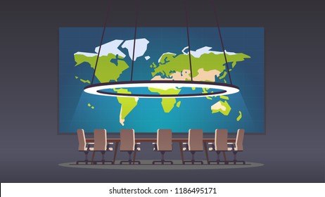 Boardroom with world map on big projection screen and seven seats. Board of directors. Conference hall or meeting room. Flat style vector illustration isolated on black background