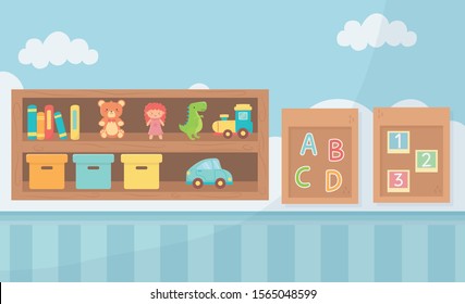 boards with alphabet numbers boxes and shefl room toys vector illustration