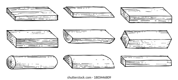 Boards, bars, slabs, slats. Outline hand drawing. Isolated vector objects on a white background. A sketch with a felt-tip pen, ink on paper.