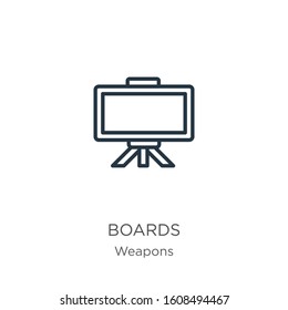 Boards icon. Thin linear boards outline icon isolated on white background from weapons collection. Line vector sign, symbol for web and mobile