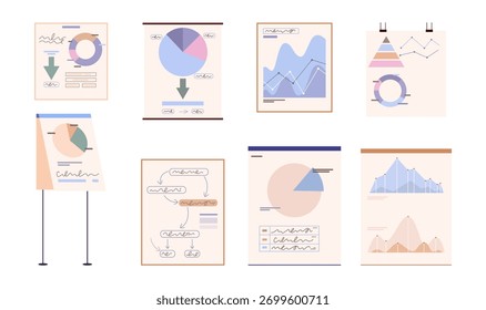 Placas definidas com estatísticas e análises. Papéis vetoriais com pacotes de gráficos e diagramas, esquemas e gráficos de diferentes tipos. Visualização de dados estatísticos e informações financeiras