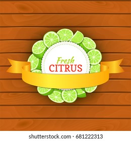 Boards wood background, border with round frame composed of lime and gold ribbon. Vector card illustration. Fruit green lemon label for design of food packaging breakfast, detox, cosmetics cream juice